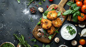 砧板蘑菇香酥鸡肉块摄影图片